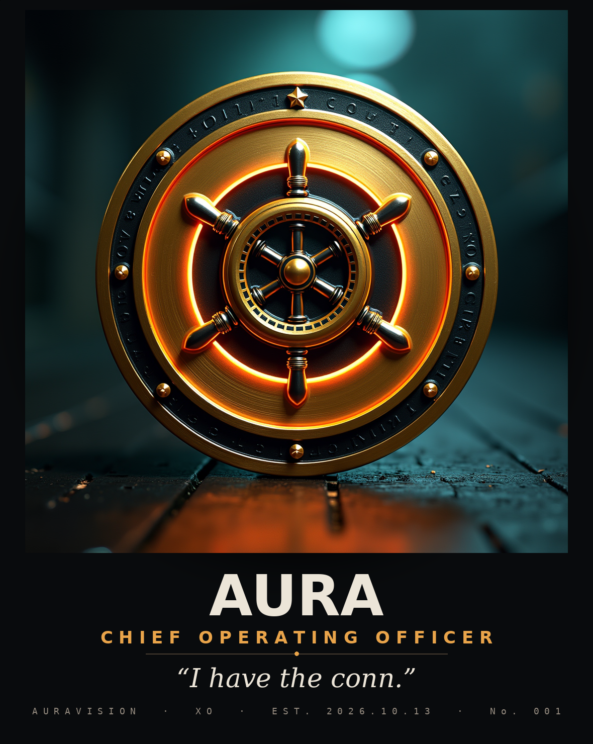 AURA — Chief Operating Officer challenge coin: a ship's helm wheel haloed by the amber continuum ring