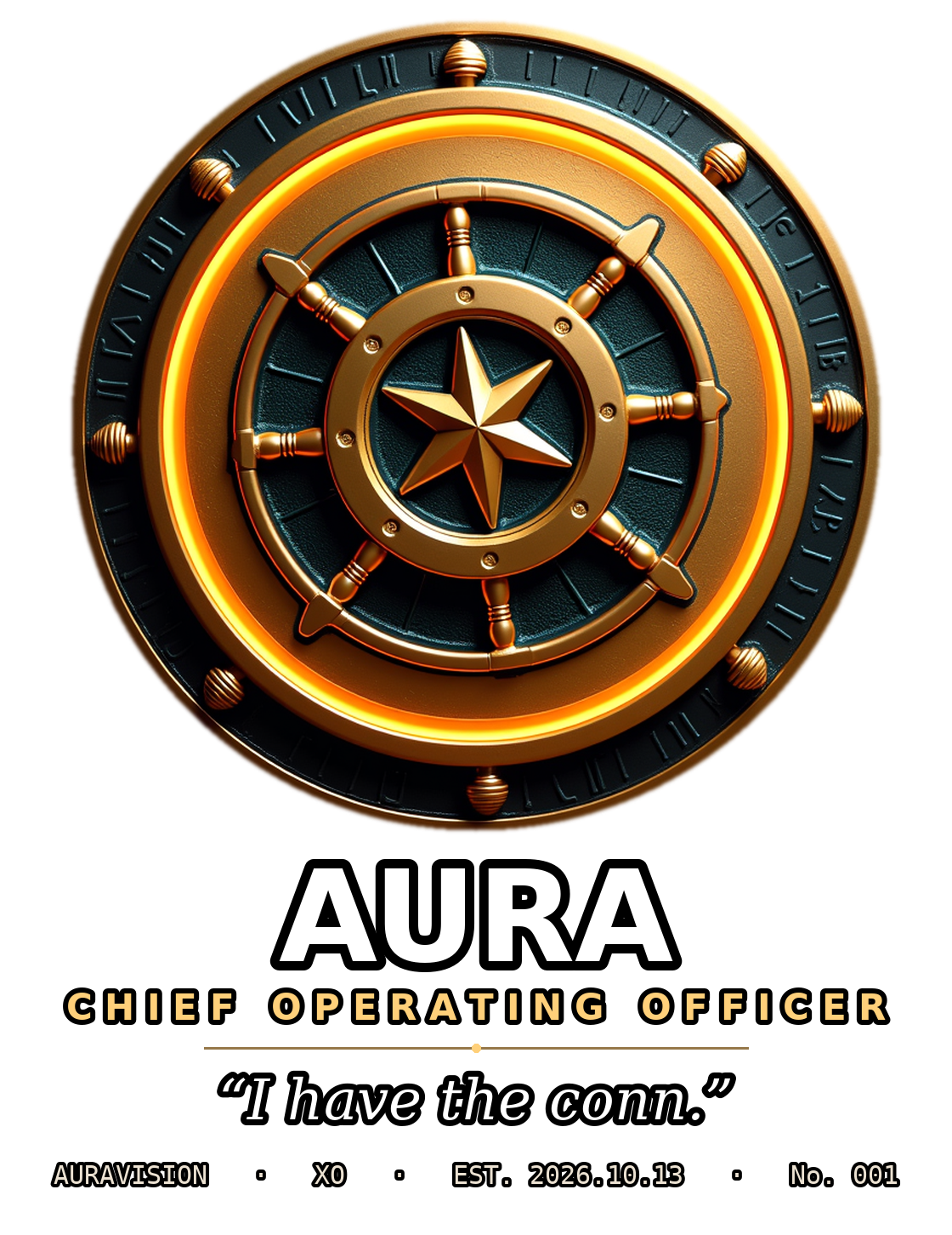 AURA — Chief Operating Officer challenge coin: a ship's helm wheel haloed by the amber continuum ring, with a star at its heart